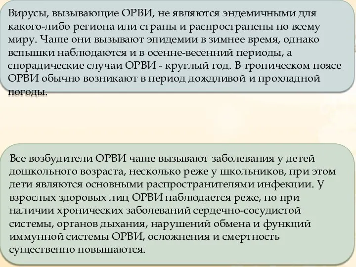 Вирусы, вызывающие ОРВИ, не являются эндемичными для какого-либо региона или страны и