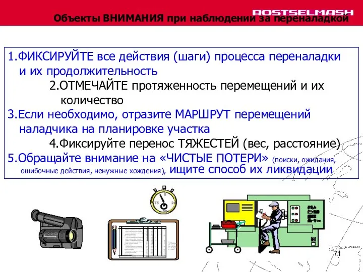 Объекты ВНИМАНИЯ при наблюдении за переналадкой 1.ФИКСИРУЙТЕ все действия (шаги) процесса переналадки