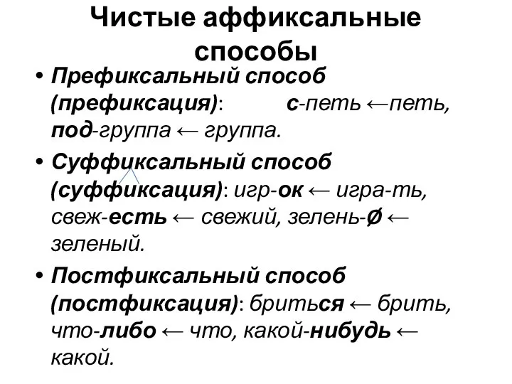 Чистые аффиксальные способы Префиксальный способ (префиксация): с-петь ←петь, под-группа ← группа. Суффиксальный