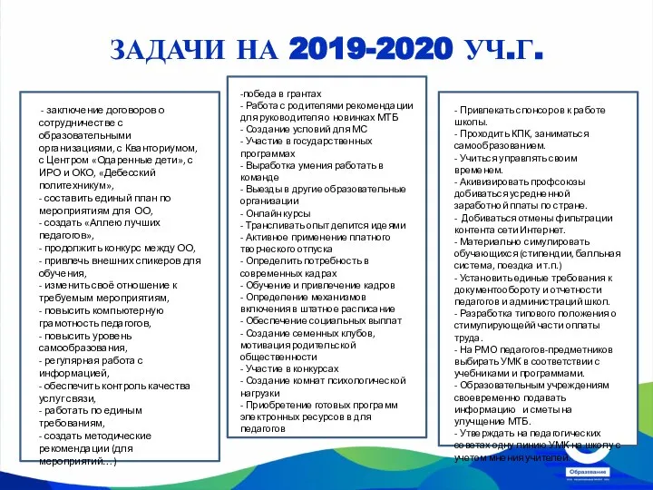 ЗАДАЧИ НА 2019-2020 УЧ.Г. - заключение договоров о сотрудничестве с образовательными организациями,