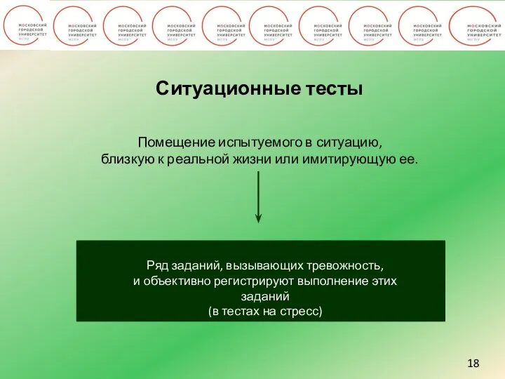 18 Ситуационные тесты Помещение испытуемого в ситуацию, близкую к реальной жизни или