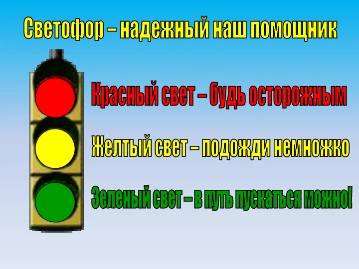 Светофор – надежный наш помощник Красный свет – будь осторожным Желтый свет