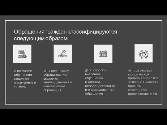 Обращения граждан классифицируются следующим образом: 1) по форме обращения выделяют письменные и