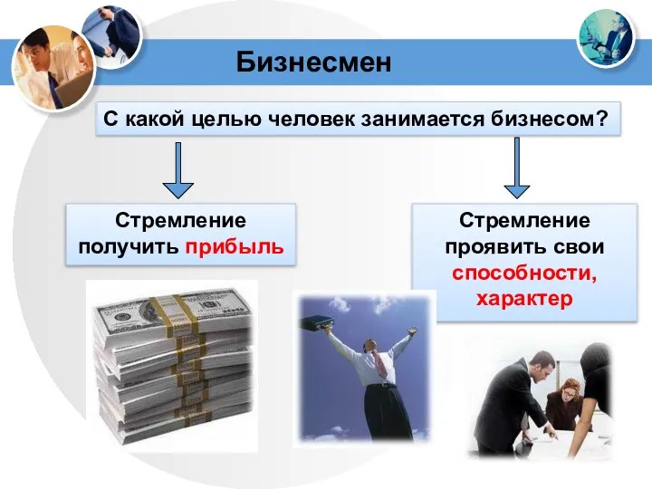 Бизнесмен С какой целью человек занимается бизнесом? Стремление получить прибыль Стремление проявить свои способности, характер