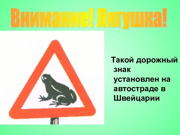 Такой дорожный знак установлен на автостраде в Швейцарии Внимание! Лягушка!