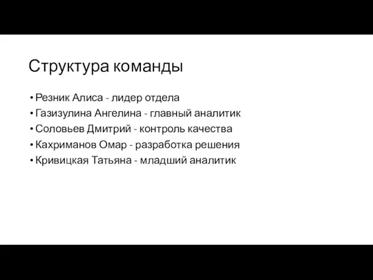 Структура команды Резник Алиса - лидер отдела Газизулина Ангелина - главный аналитик