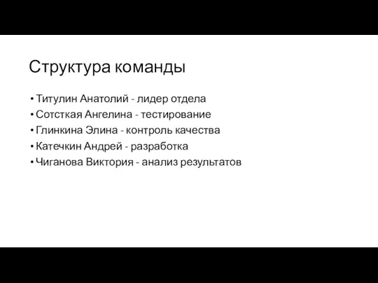 Структура команды Титулин Анатолий - лидер отдела Сотсткая Ангелина - тестирование Глинкина