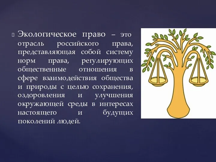 Экологическое право – это отрасль российского права, представляющая собой систему норм права,