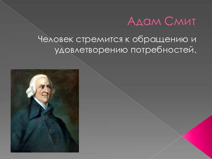 Адам Смит Человек стремится к обращению и удовлетворению потребностей.