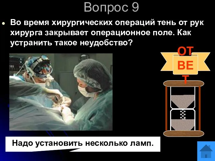 Вопрос 9 Во время хирургических операций тень от рук хирурга закрывает операционное