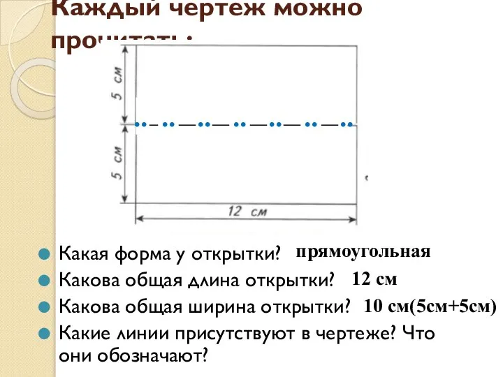 Каждый чертеж можно прочитать: Какая форма у открытки? Какова общая длина открытки?