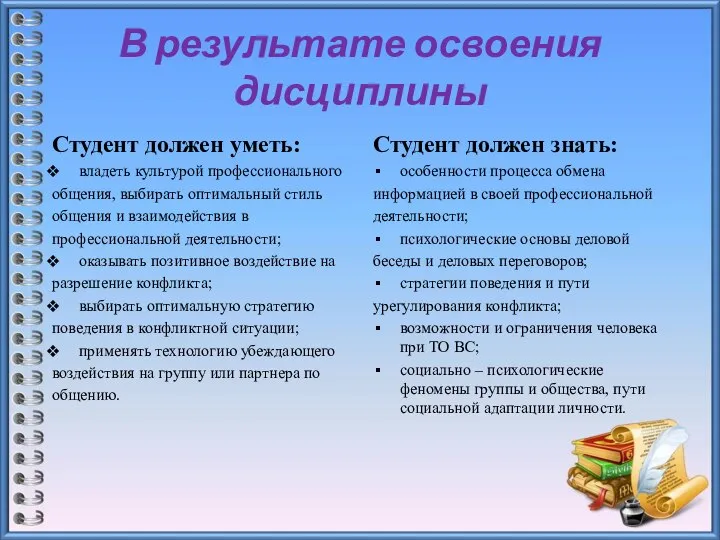 В результате освоения дисциплины Студент должен уметь: владеть культурой профессионального общения, выбирать