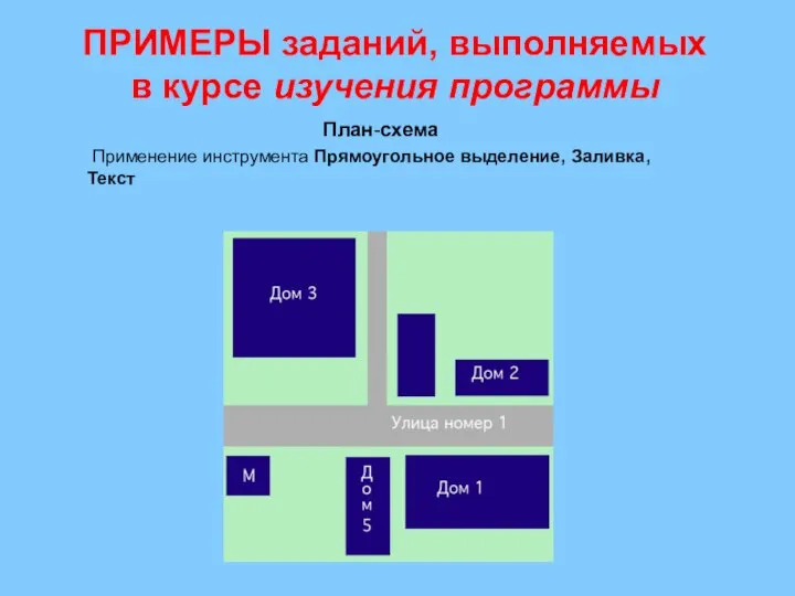 ПРИМЕРЫ заданий, выполняемых в курсе изучения программы План-схема Применение инструмента Прямоугольное выделение, Заливка, Текст