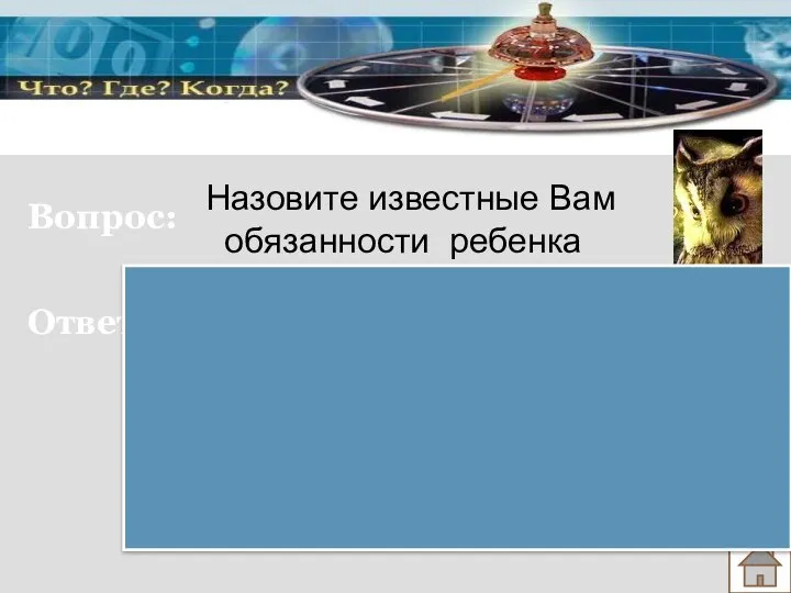 Вопрос: Ответ: Назовите известные Вам обязанности ребенка -слушаться родителей; -соблюдать правила поведения