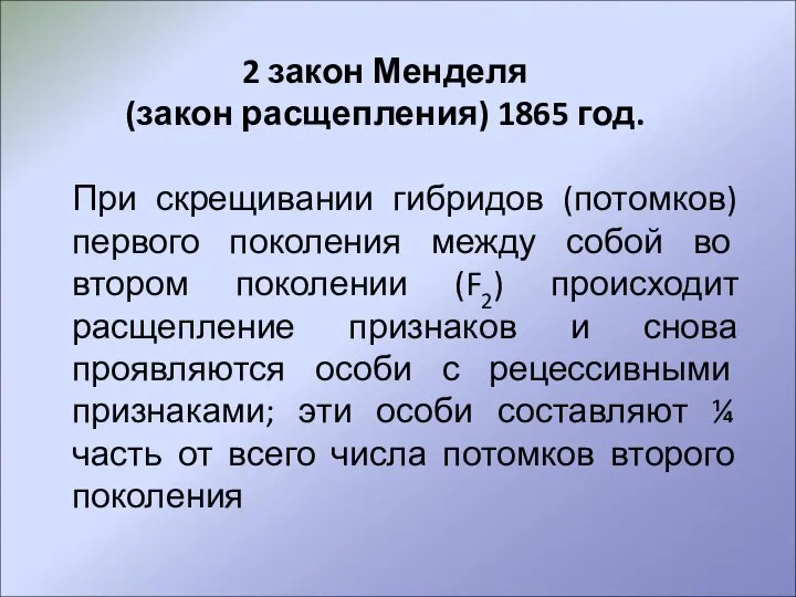 2 закон Менделя (закон расщепления) 1865 год. При скрещивании гибридов (потомков) первого