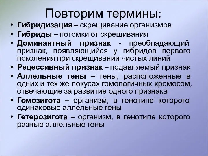 Повторим термины: Гибридизация – скрещивание организмов Гибриды – потомки от скрещивания Доминантный