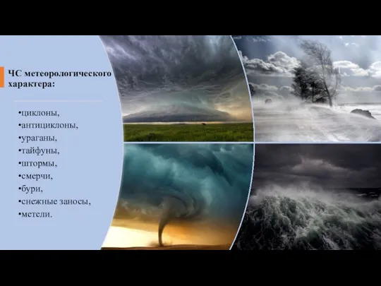 ЧС метеорологического характера: циклоны, антициклоны, ураганы, тайфуны, штормы, смерчи, бури, снежные заносы, метели.