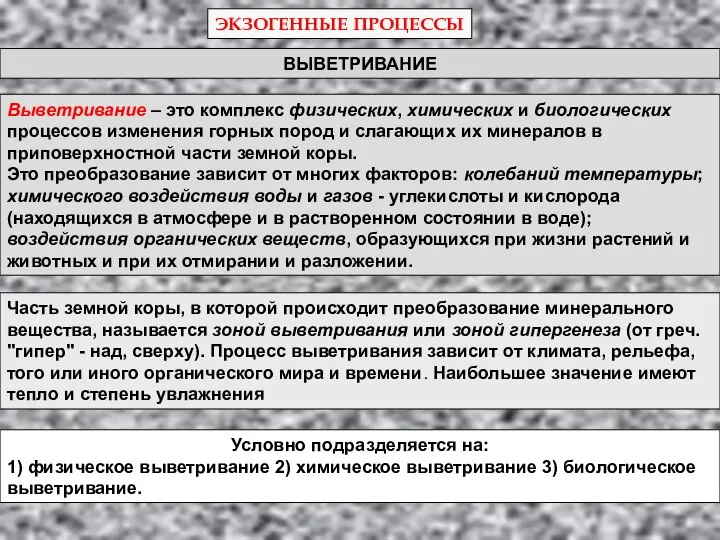 ЭКЗОГЕННЫЕ ПРОЦЕССЫ ВЫВЕТРИВАНИЕ Выветривание – это комплекс физических, химических и биологических процессов