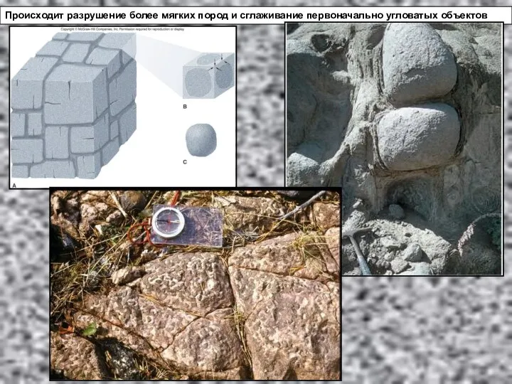 Происходит разрушение более мягких пород и сглаживание первоначально угловатых объектов
