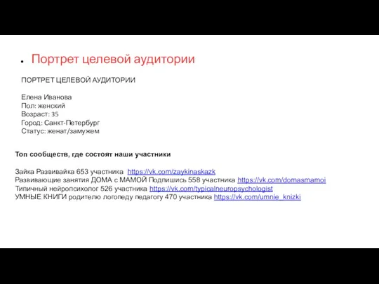 ПОРТРЕТ ЦЕЛЕВОЙ АУДИТОРИИ Елена Иванова Пол: женский Возраст: 35 Город: Санкт-Петербург Статус: