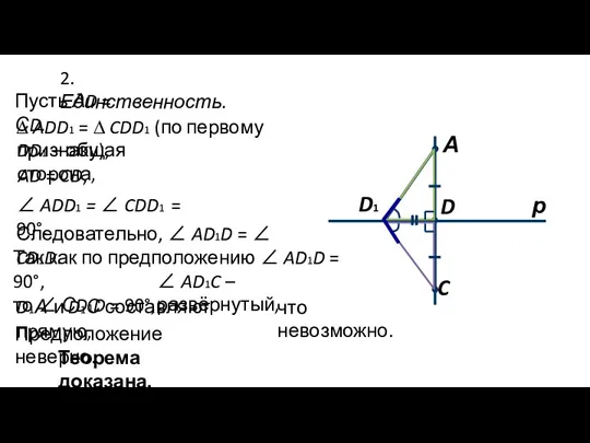 AD = CD, Так как по предположению ∠ AD1D = 90°, то