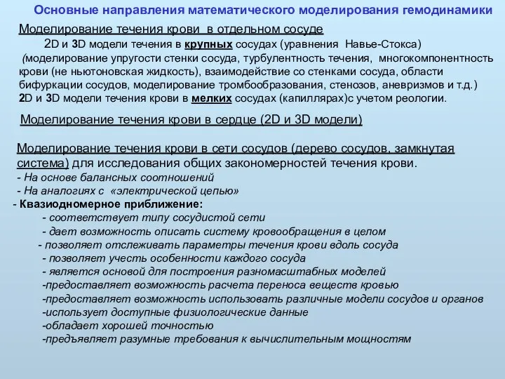 Основные направления математического моделирования гемодинамики Моделирование течения крови в отдельном сосуде 2D