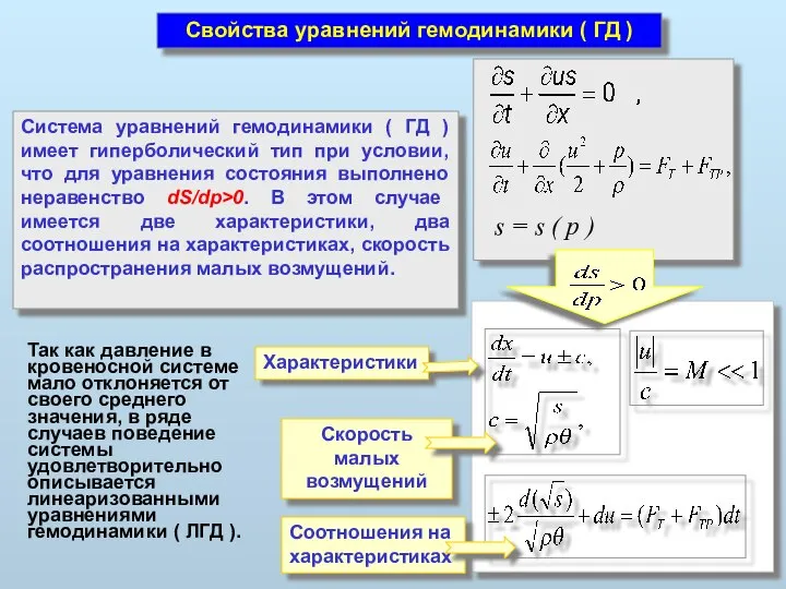 Свойства уравнений гемодинамики ( ГД ) Система уравнений гемодинамики ( ГД )