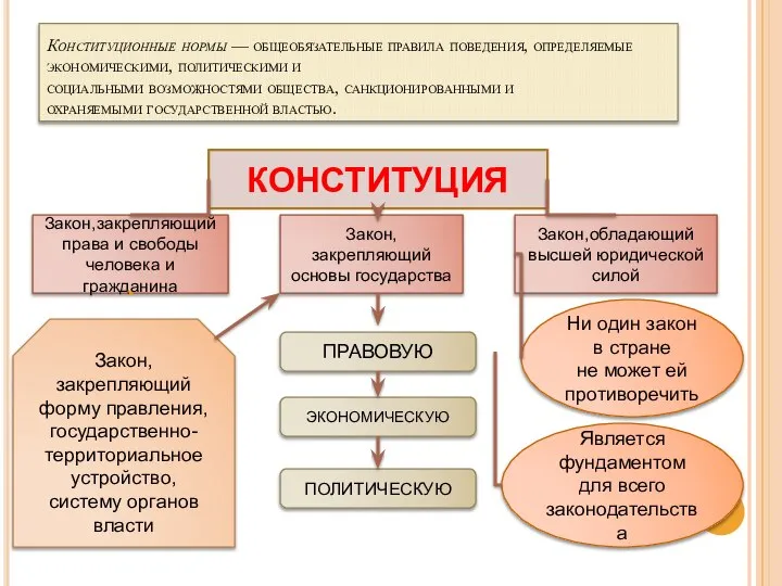 Конституционные нормы — общеобязательные правила поведения, определяемые экономическими, политическими и социальными возможностями