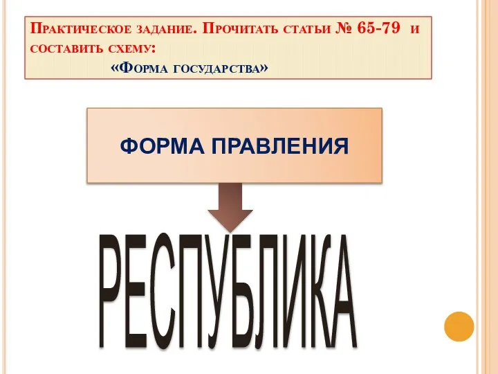 Практическое задание. Прочитать статьи № 65-79 и составить схему: «Форма государства» ФОРМА ПРАВЛЕНИЯ РЕСПУБЛИКА