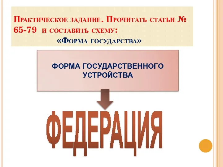 Практическое задание. Прочитать статьи № 65-79 и составить схему: «Форма государства» ФОРМА ГОСУДАРСТВЕННОГО УСТРОЙСТВА ФЕДЕРАЦИЯ