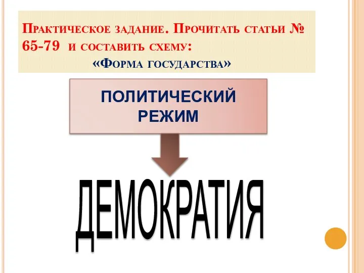 Практическое задание. Прочитать статьи № 65-79 и составить схему: «Форма государства» ПОЛИТИЧЕСКИЙ РЕЖИМ ДЕМОКРАТИЯ