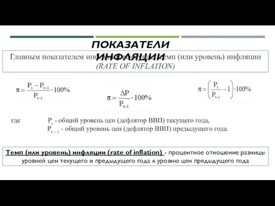 ПОКАЗАТЕЛИ ИНФЛЯЦИИ Главным показателем инфляции выступает темп (или уровень) инфляции (RATE OF