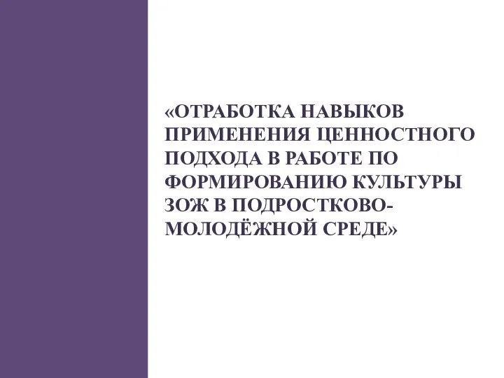 «ОТРАБОТКА НАВЫКОВ ПРИМЕНЕНИЯ ЦЕННОСТНОГО ПОДХОДА В РАБОТЕ ПО ФОРМИРОВАНИЮ КУЛЬТУРЫ ЗОЖ В ПОДРОСТКОВО-МОЛОДЁЖНОЙ СРЕДЕ»