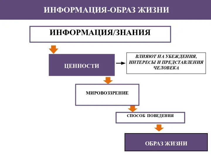 ЦЕННОСТИ ВЛИЯЮТ НА УБЕЖДЕНИЯ, ИНТЕРЕСЫ И ПРЕДСТАВЛЕНИЯ ЧЕЛОВЕКА ИНФОРМАЦИЯ/ЗНАНИЯ СПОСОБ ПОВЕДЕНИЯ ОБРАЗ ЖИЗНИ МИРОВОЗЗРЕНИЕ ИНФОРМАЦИЯ-ОБРАЗ ЖИЗНИ