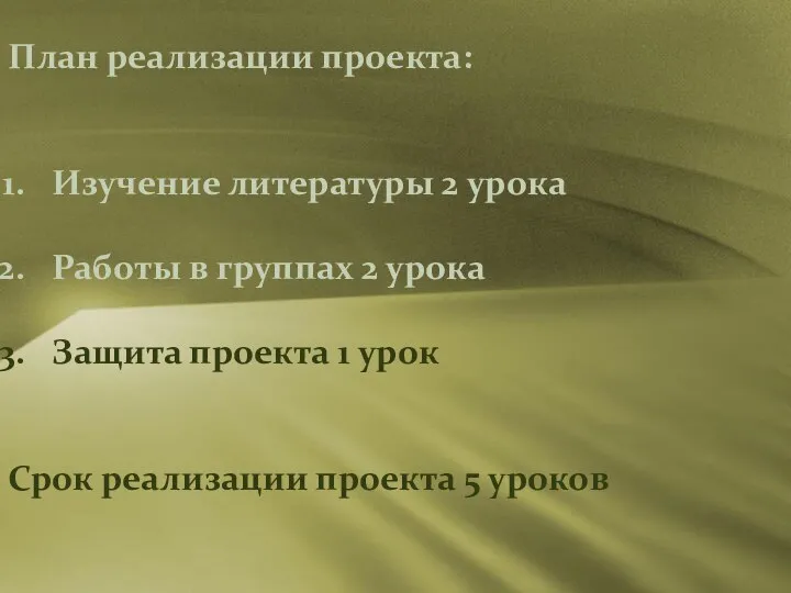 План реализации проекта: Изучение литературы 2 урока Работы в группах 2 урока