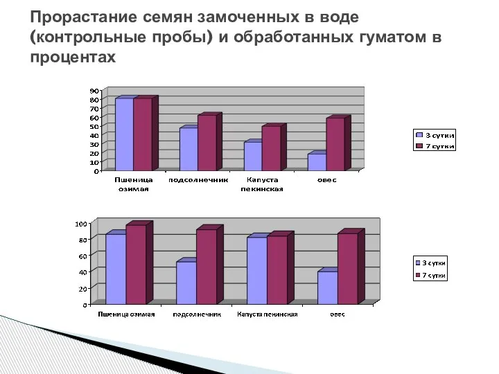 Прорастание семян замоченных в воде (контрольные пробы) и обработанных гуматом в процентах