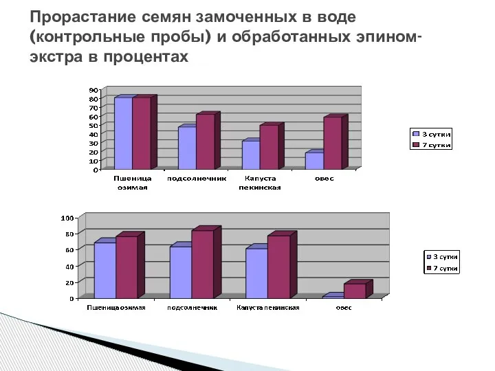 Прорастание семян замоченных в воде (контрольные пробы) и обработанных эпином- экстра в процентах