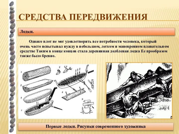 СРЕДСТВА ПЕРЕДВИЖЕНИЯ Лодки. Первые лодки. Рисунки современного художника Однако плот не мог