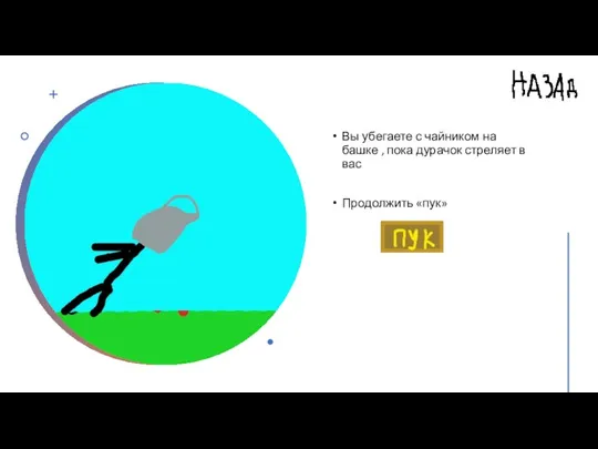 Вы убегаете с чайником на башке , пока дурачок стреляет в вас Продолжить «пук»