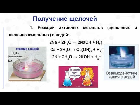 Получение щелочей 1. Реакции активных металлов (щелочных и щелочноземельных) с водой: 2Na