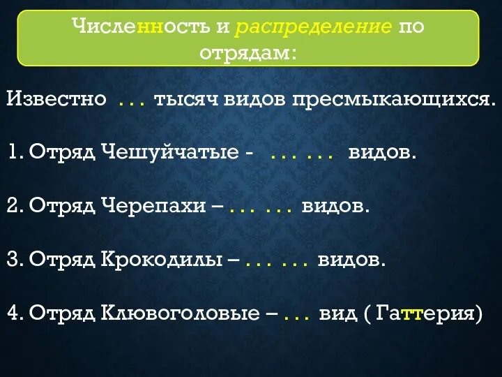 Известно . . . тысяч видов пресмыкающихся. 1. Отряд Чешуйчатые - .