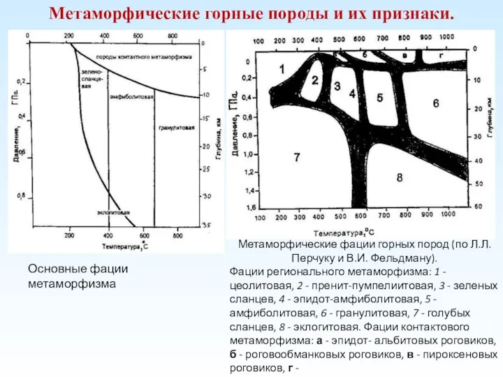 Метаморфические горные породы и их признаки. Основные фации метаморфизма Метаморфические фации горных