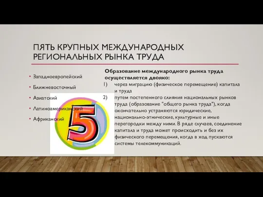 ПЯТЬ КРУПНЫХ МЕЖДУНАРОДНЫХ РЕГИОНАЛЬНЫХ РЫНКА ТРУДА Западноевропейский Ближневосточный Азиатский Латиноамериканский Африканский Образование