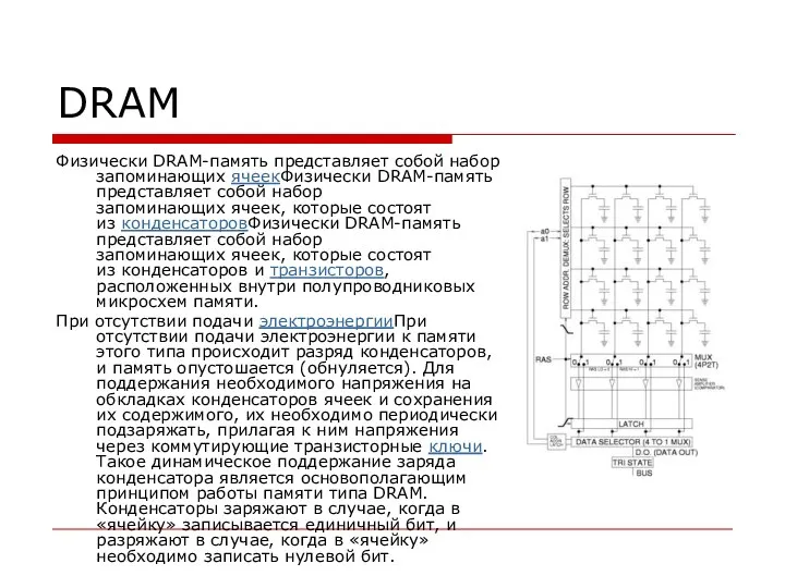 DRAM Физически DRAM-память представляет собой набор запоминающих ячеекФизически DRAM-память представляет собой набор