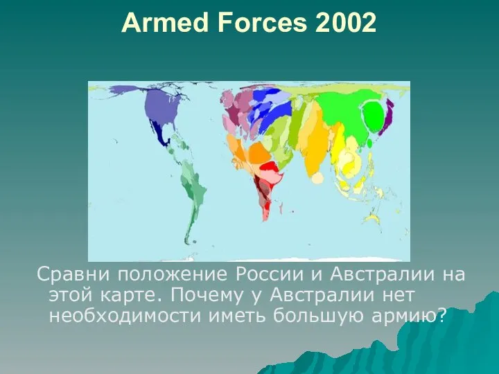 Armed Forces 2002 Сравни положение России и Австралии на этой карте. Почему