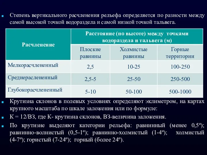 Степень вертикального расчленения рельефа определяется по разности между самой высокой точкой водораздела