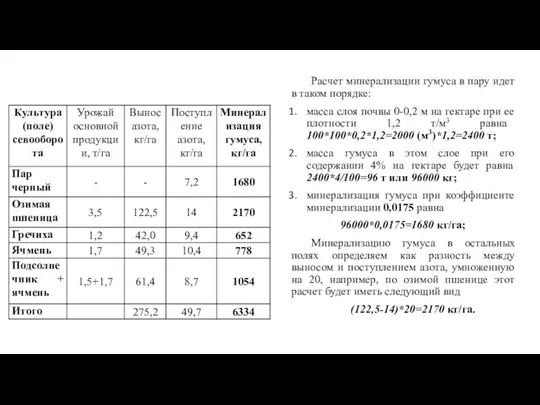 Расчет минерализации гумуса в пару идет в таком порядке: масса слоя почвы