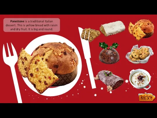Panettone is a traditional Italian dessert. This is yellow bread with raisin
