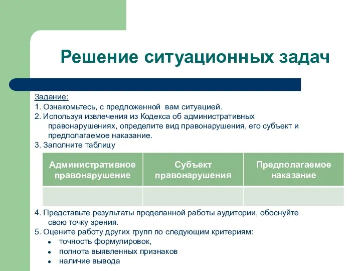 Решение ситуационных задач Задание: 1. Ознакомьтесь, с предложенной вам ситуацией. 2. Используя