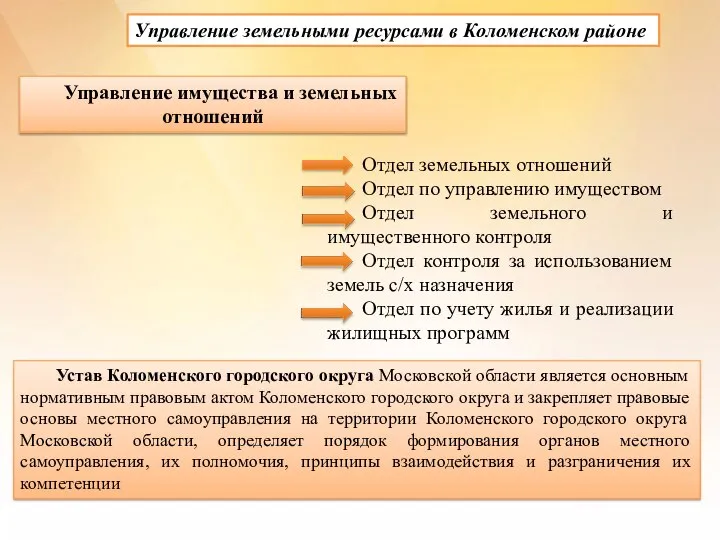 Управление земельными ресурсами в Коломенском районе Управление имущества и земельных отношений Отдел